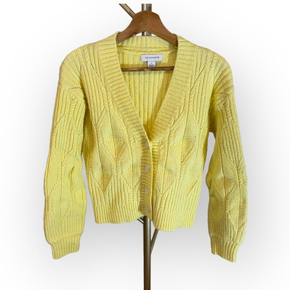 Calligraphie Yellow Jacquard Knit Cardigan Wool Blend Womens MD